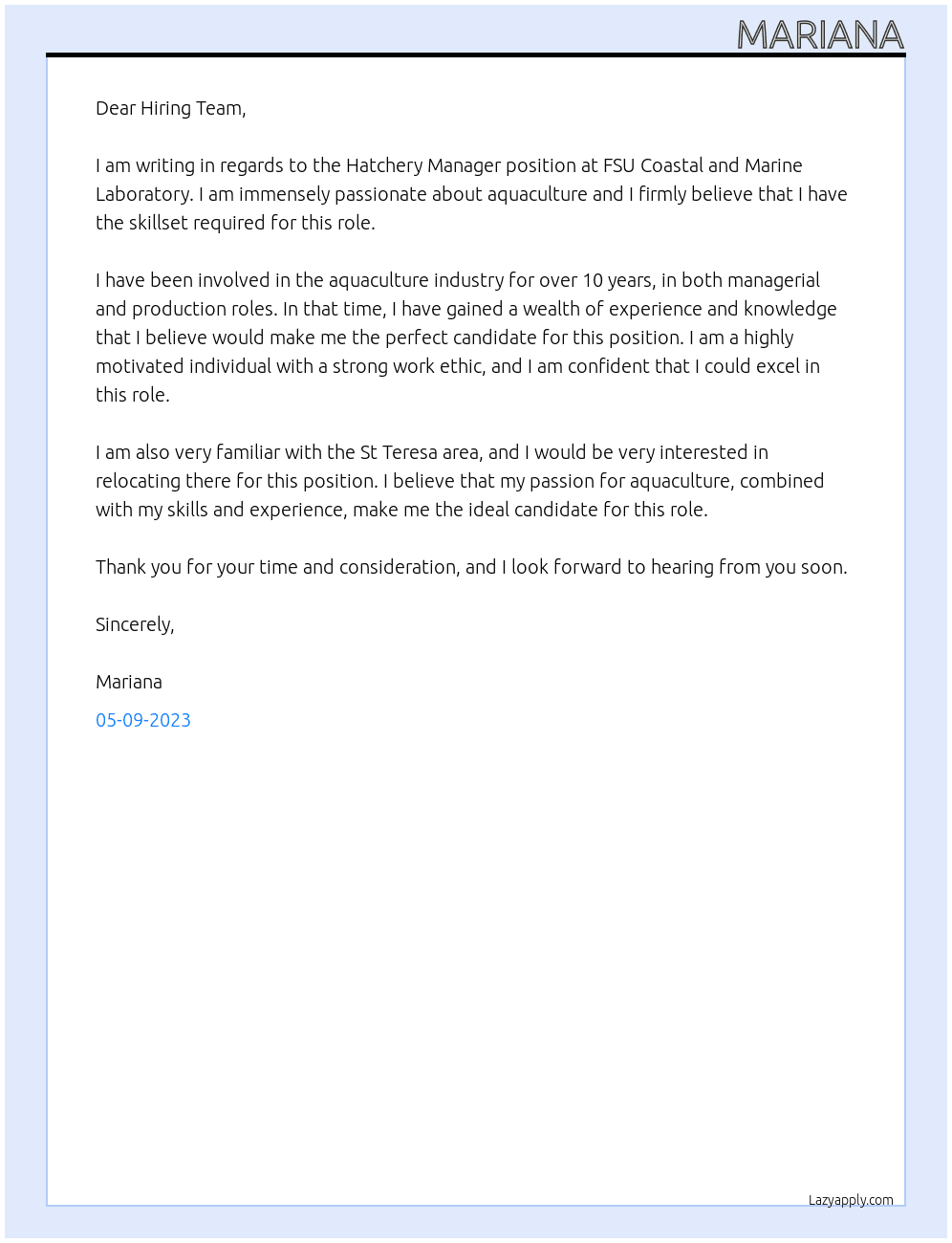 Hatchery Manager At FSU Coastal and Marine Laboratory Cover Letter