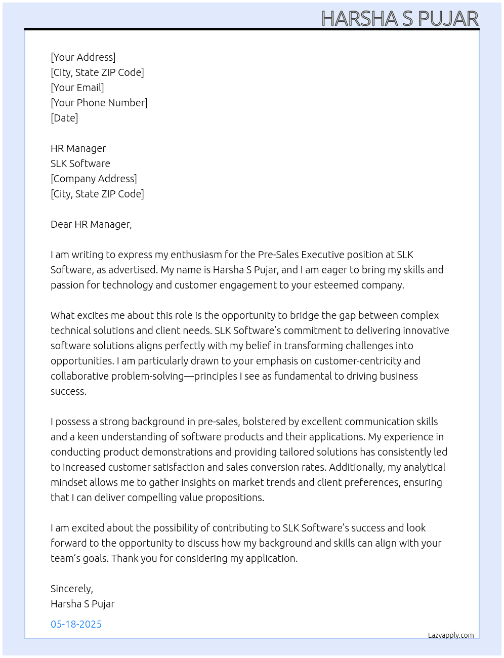 pre sales executive At SLK Software Cover Letter
