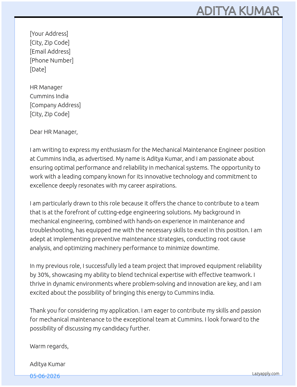 Cover letter for mechanical maintenance engineer - LazyApply