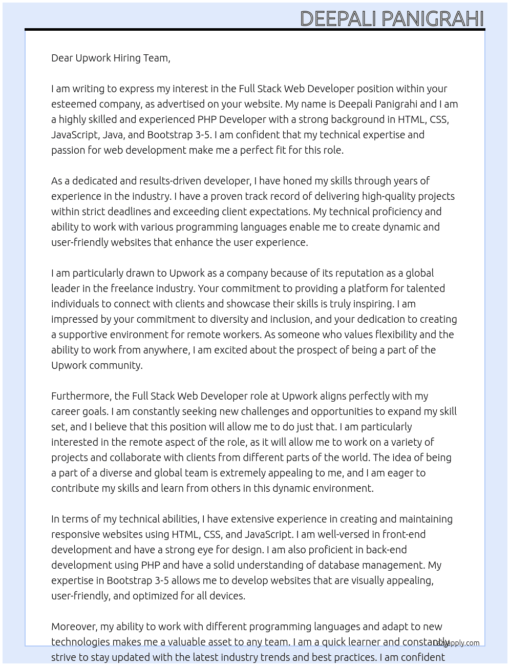 Full stack web developer At Upwork Cover Letter