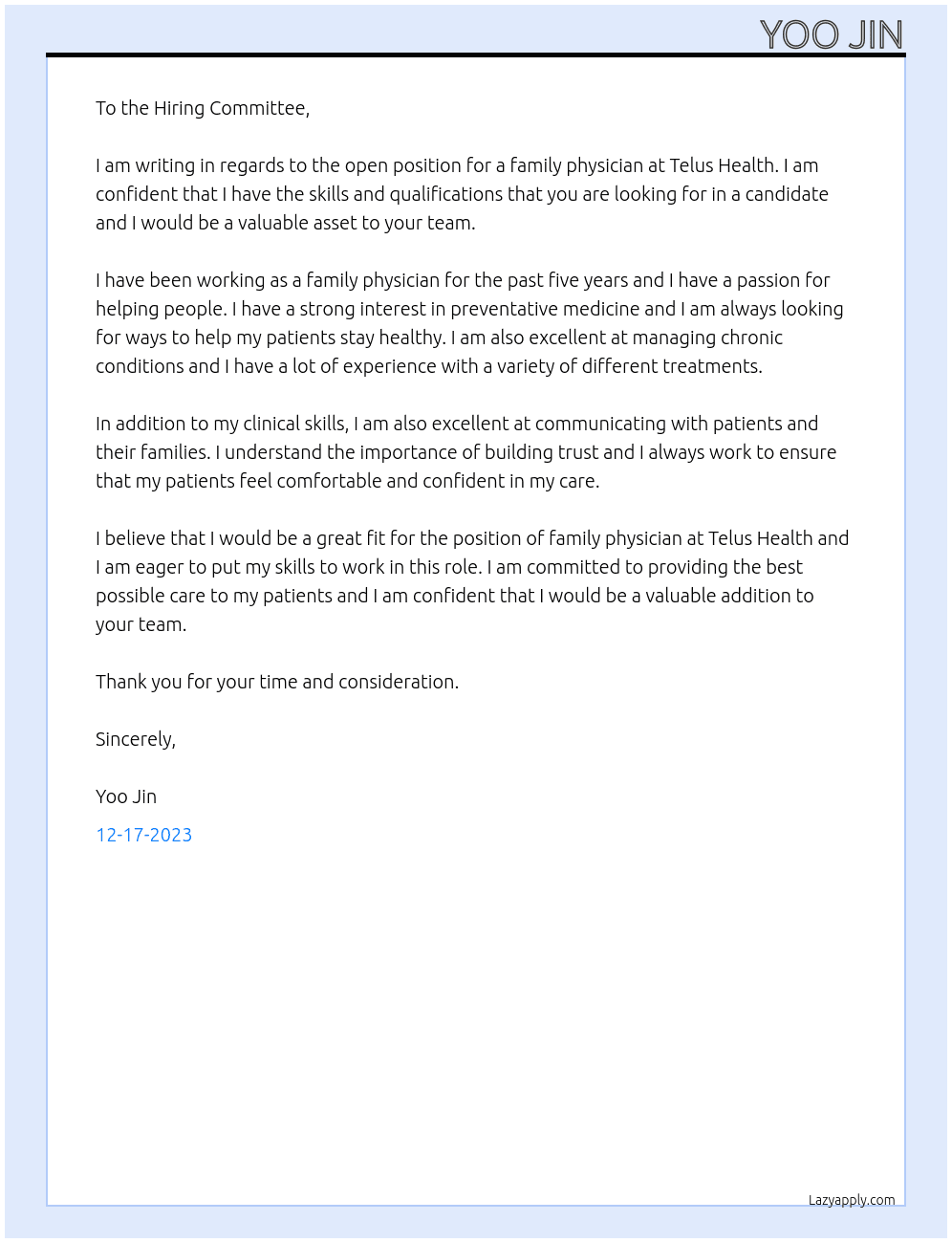 Family physician At Telus Health Cover Letter