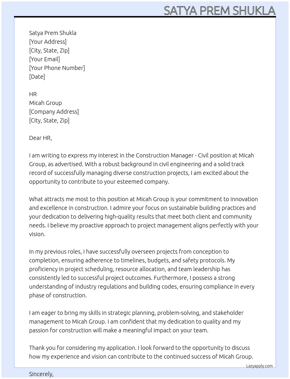 Construction Manager Civil At  Micah Group  Cover Letter