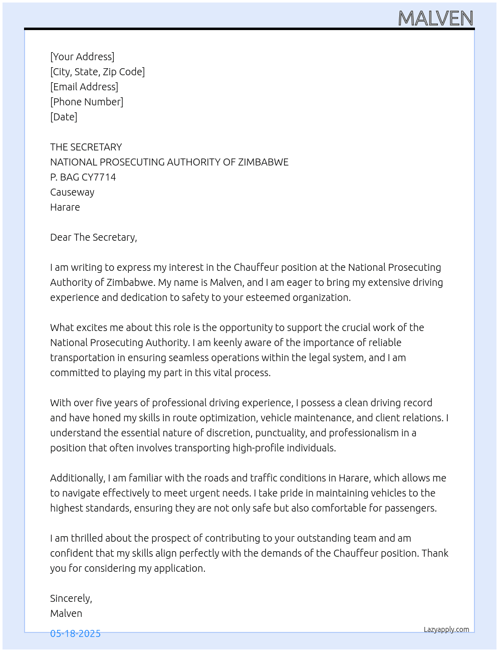CHAUFFEUR At NATIONAL PROSECUTING AUTHORITY OF ZIMBABWE P. BAG CY7714 Causeway Harare Cover Letter