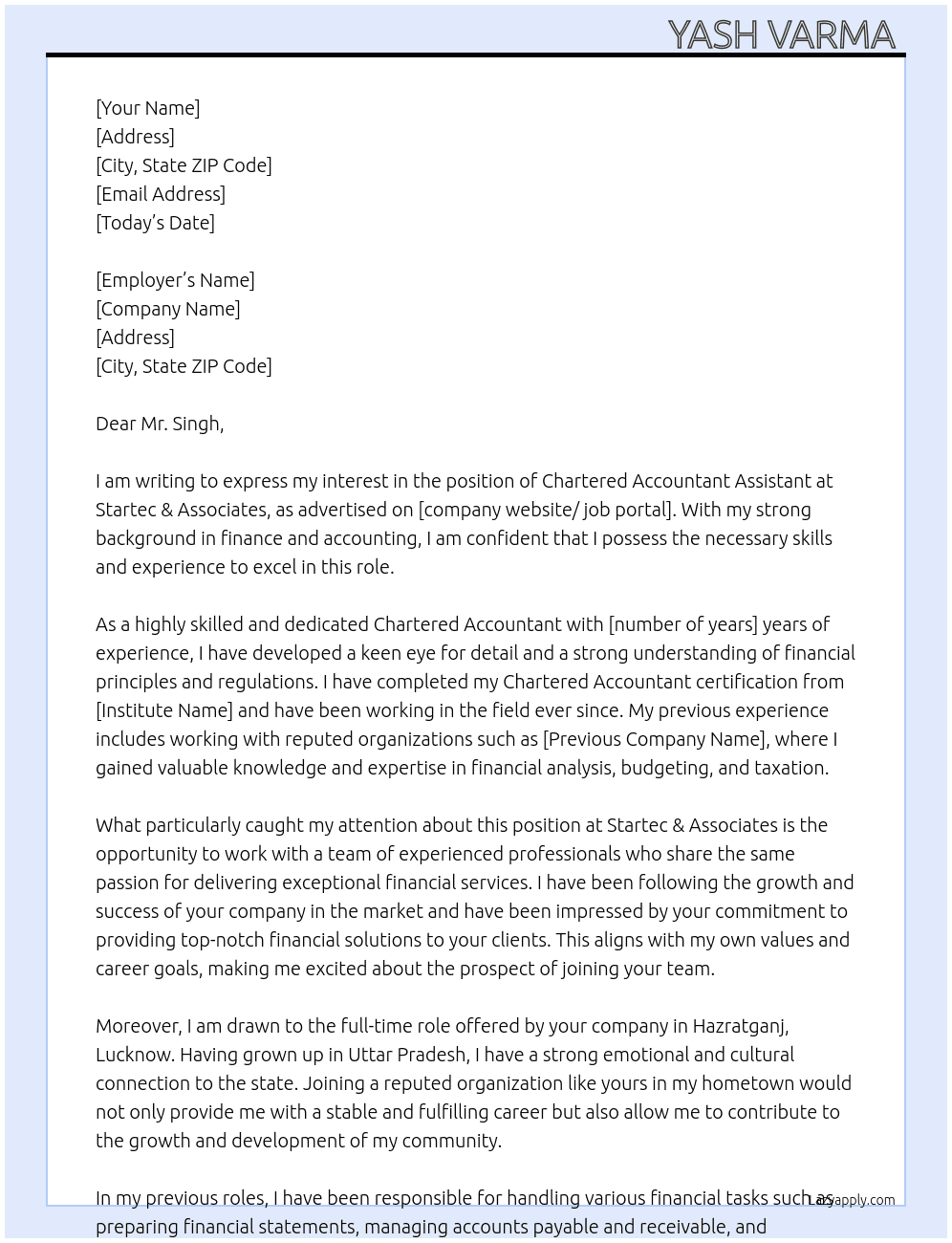Chartered accountant assistant  At Startec & associate  Cover Letter
