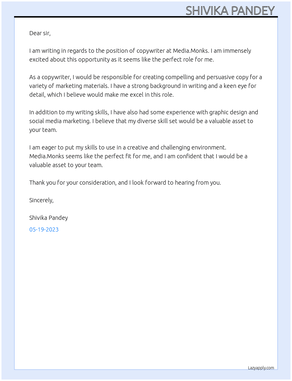 copywriter  At Media.Monks Cover Letter