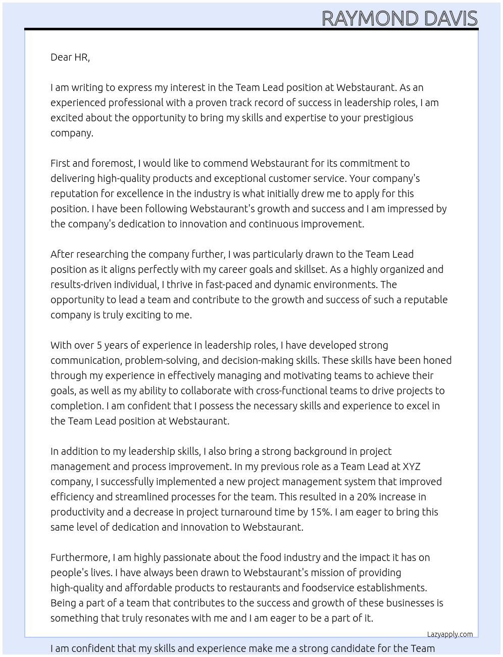 Team lead At Webstaurant Cover Letter