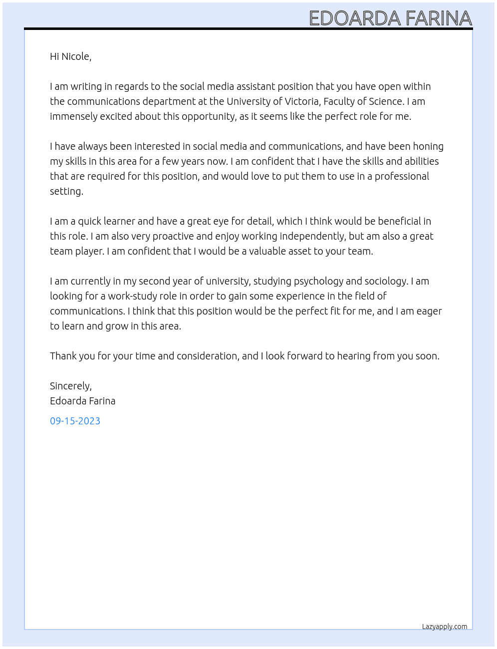 social media assiatnt  At university of victoria, faculty of science  Cover Letter