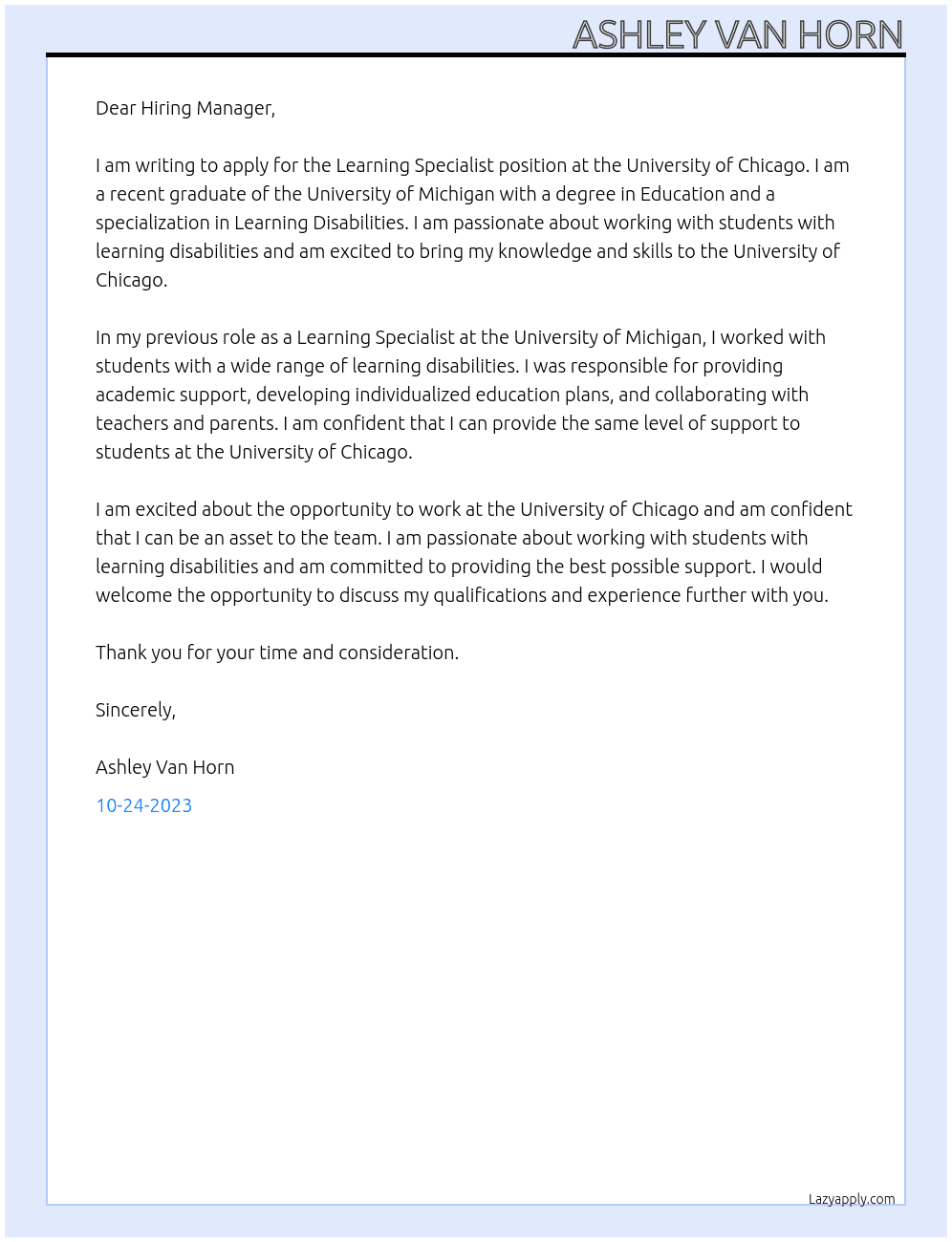 Learning Specialist At University of Chicago Cover Letter