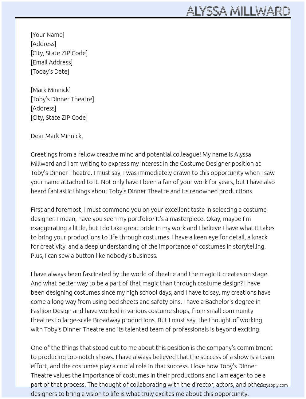 Costume Designer At Toby's Dinner Theatre Cover Letter