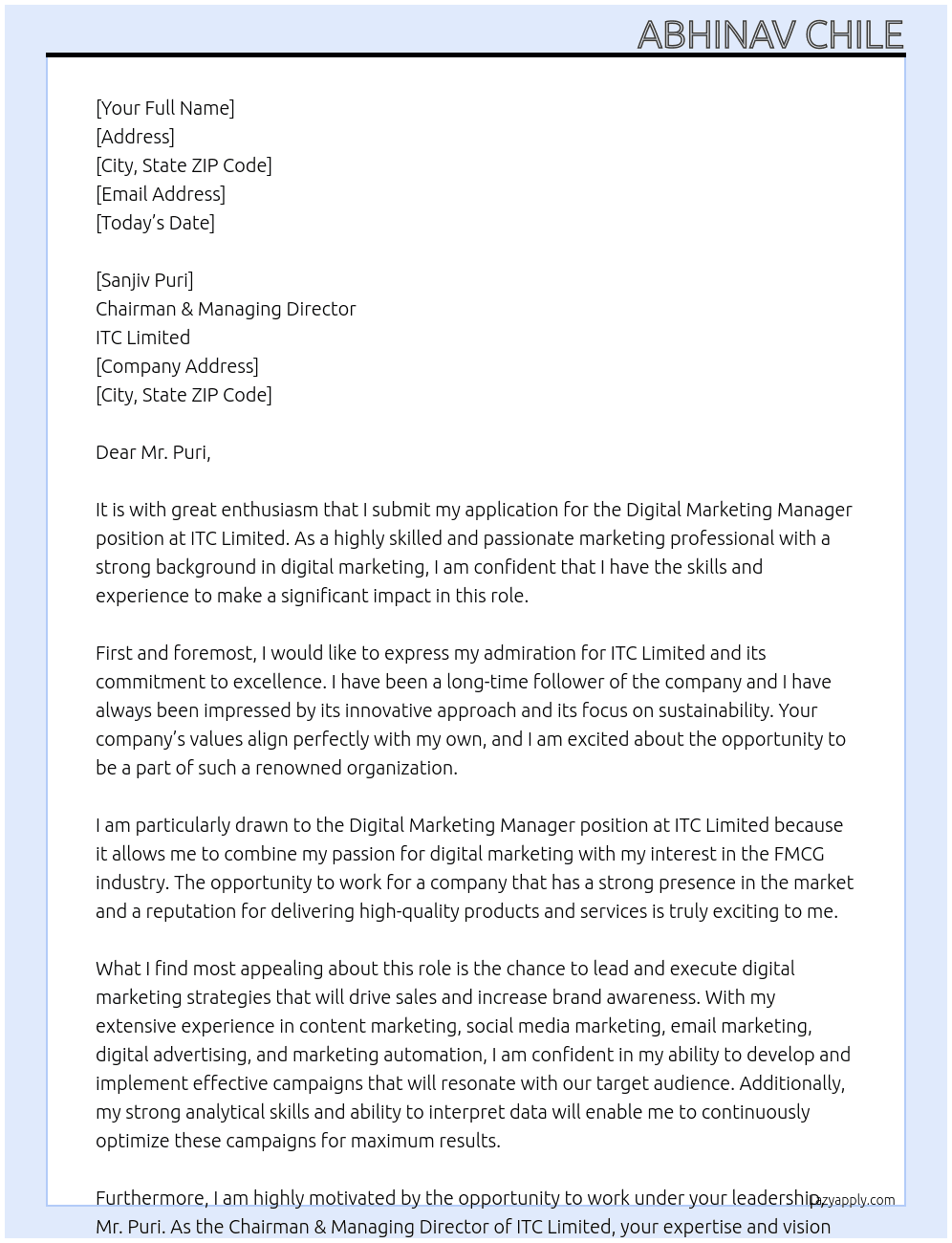 Digital Marketing Manager At ITC LIMITED Cover Letter