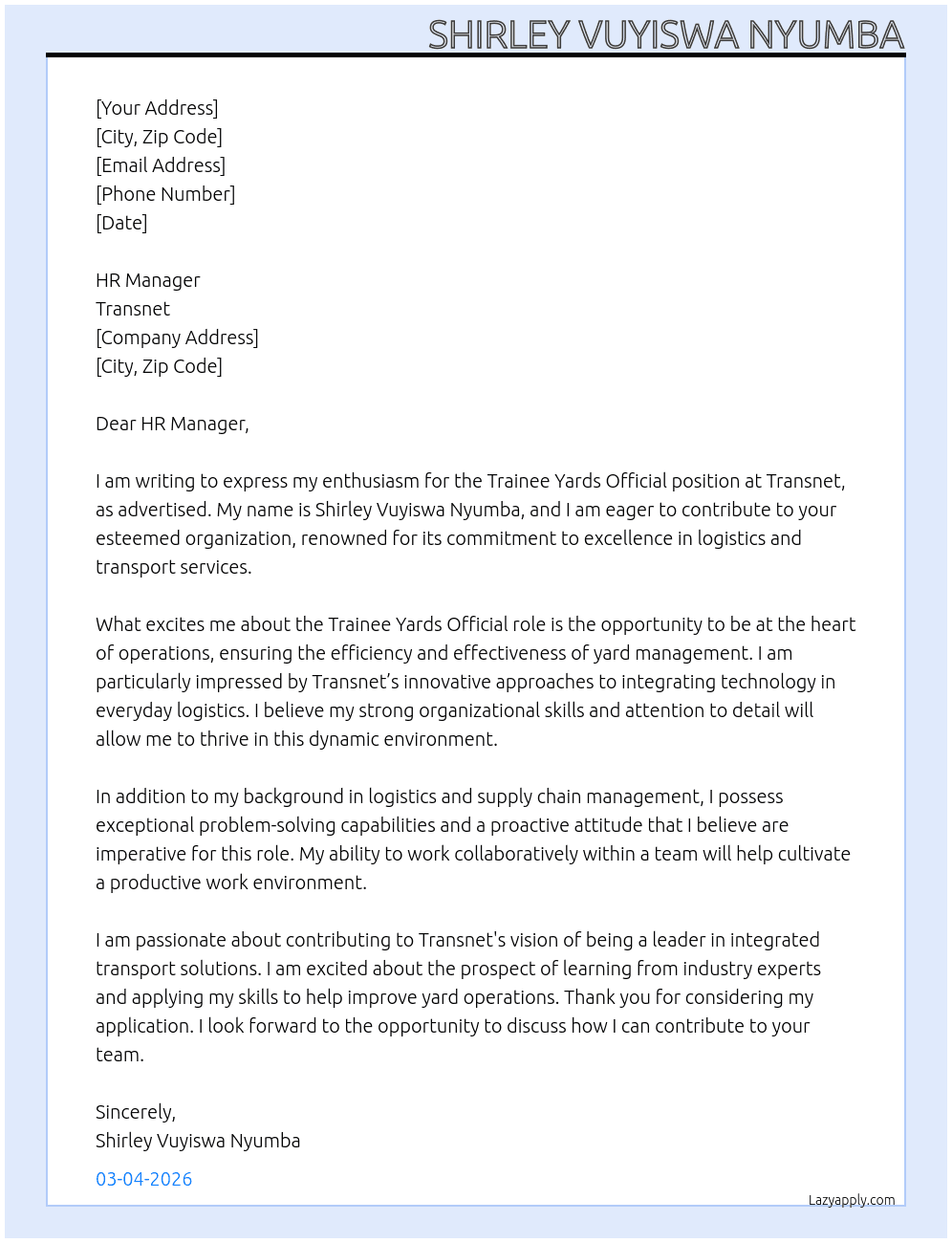 Cover letter for trainee yards official - LazyApply