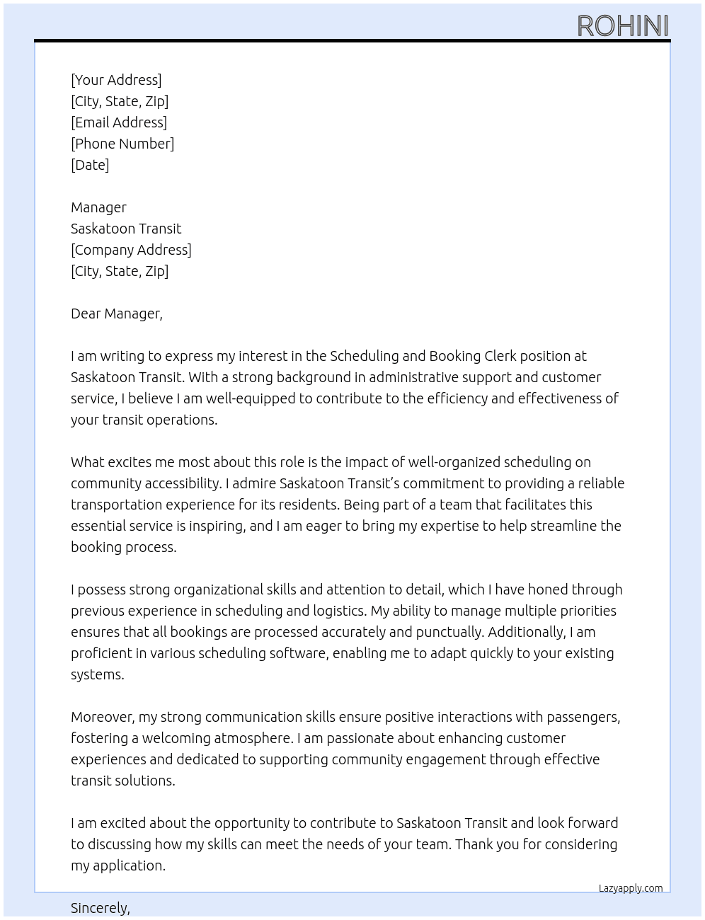 Scheduling and Booking Clerk At Saskatoon Transit Cover Letter