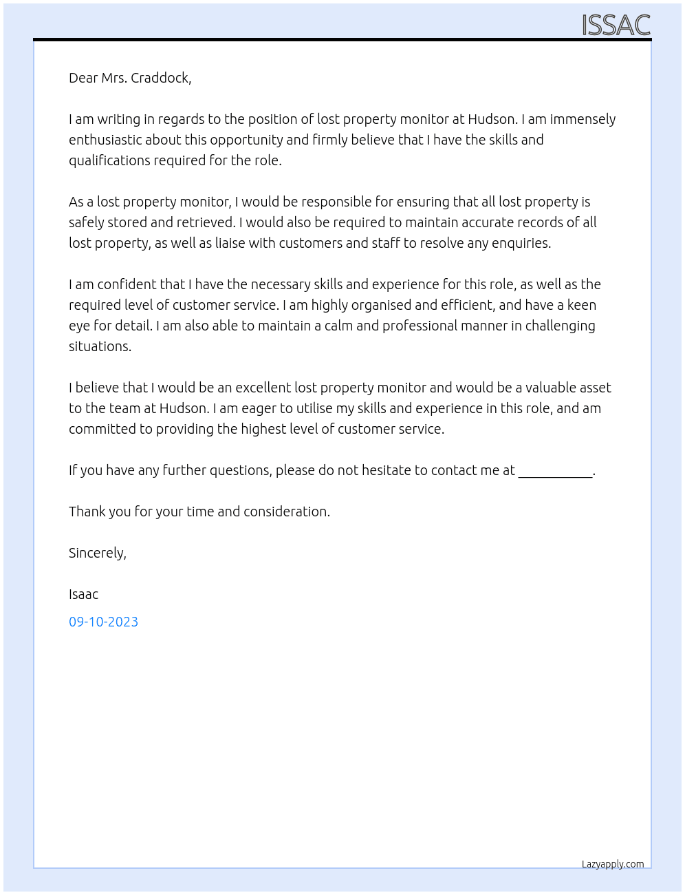 Lost property monitor At Hudson Cover Letter