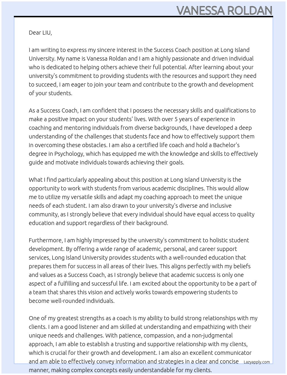 Success Coach At Long Island University Cover Letter