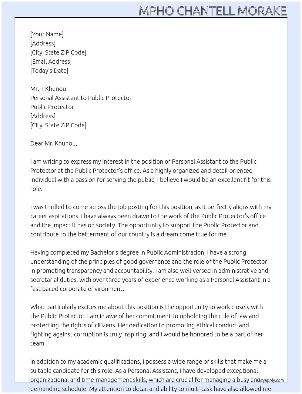 Personal assistant to public protector At Public Protector Cover Letter