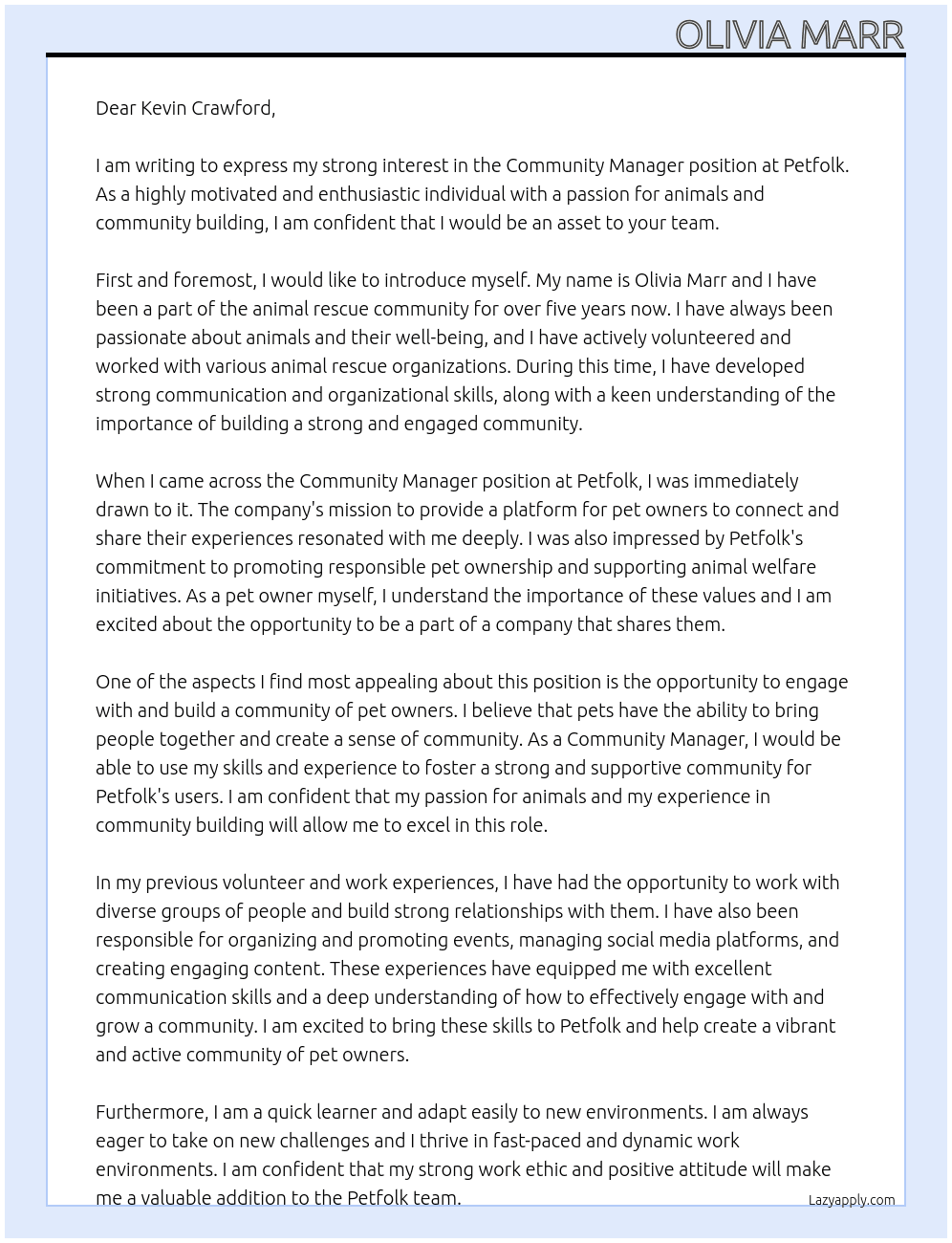 Community Manager At Petfolk Cover Letter