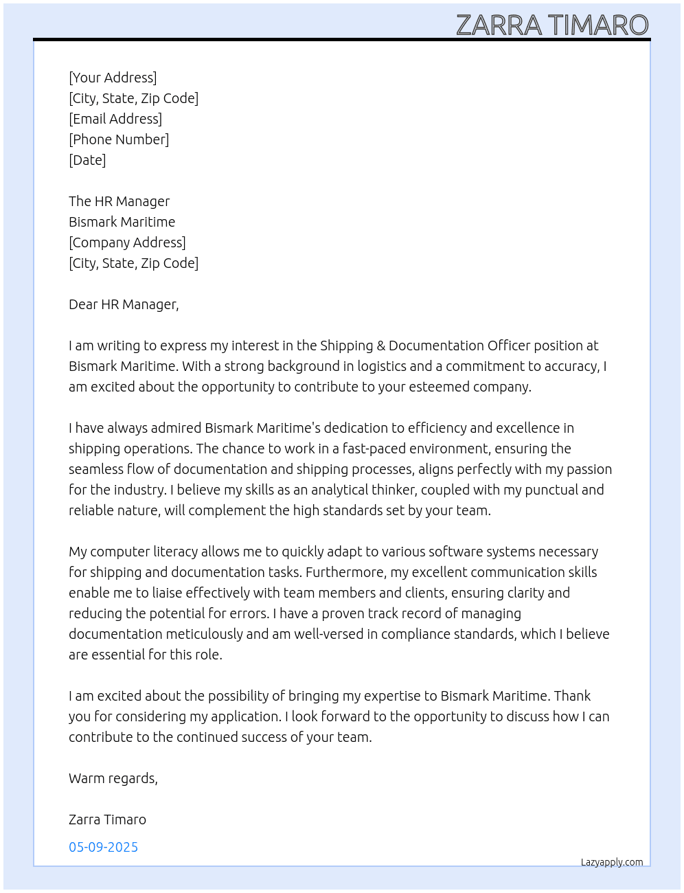 Shipping & Documentation Officer At Bismark Maritime Cover Letter