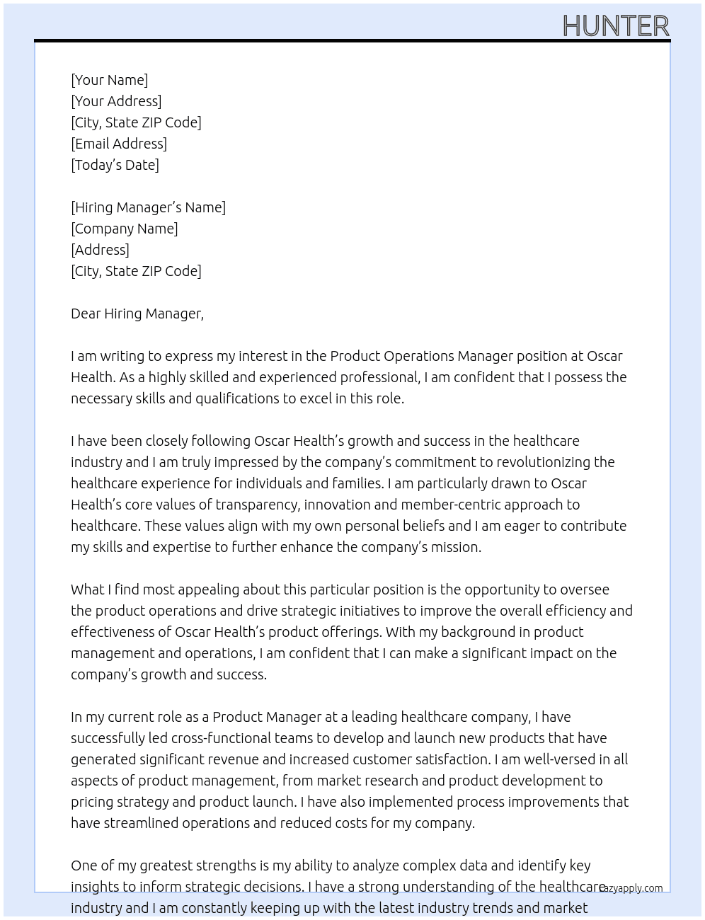 Product Operations Manager  At Oscar Health Cover Letter