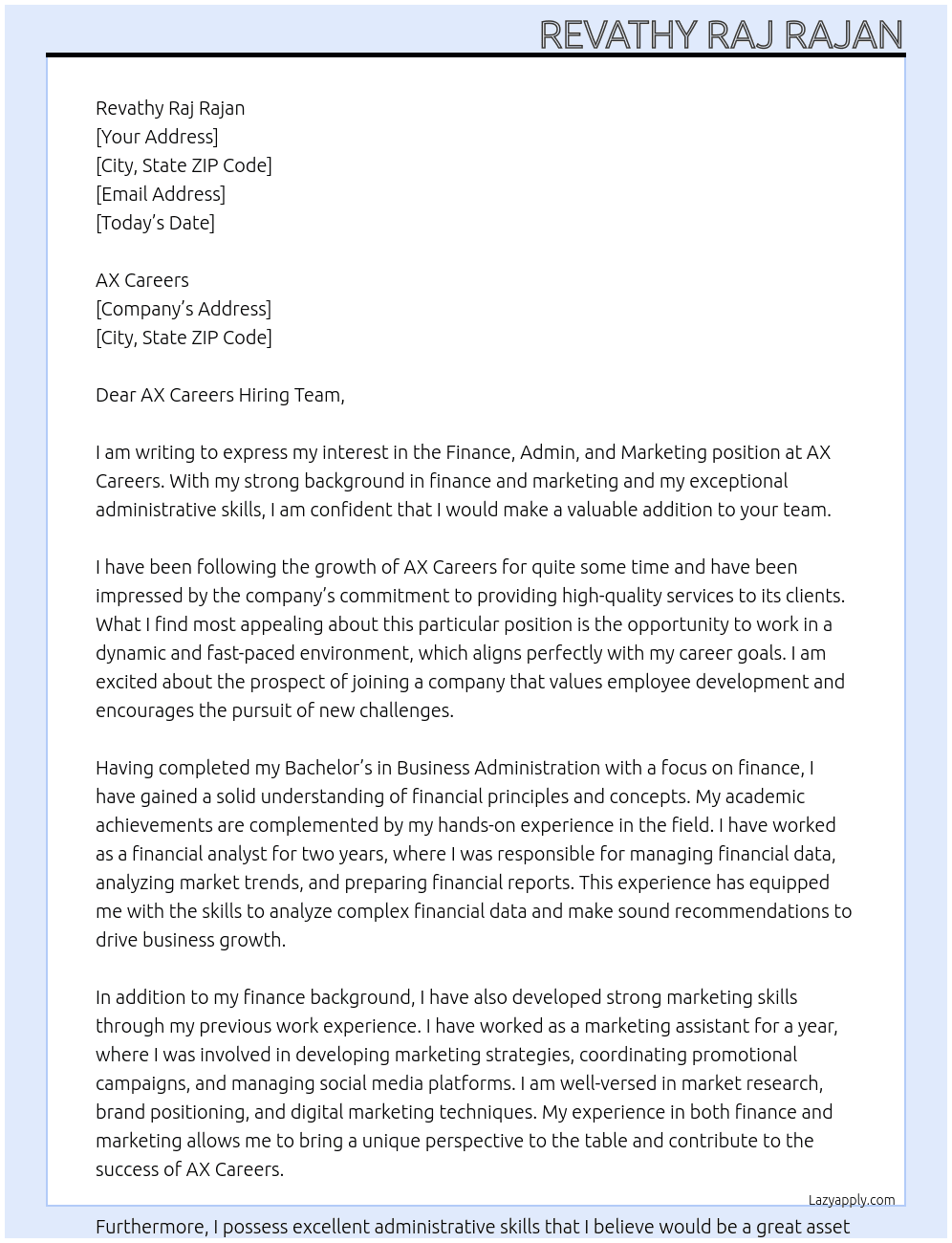 Finance,Admin and Maketing At AX Careers Cover Letter