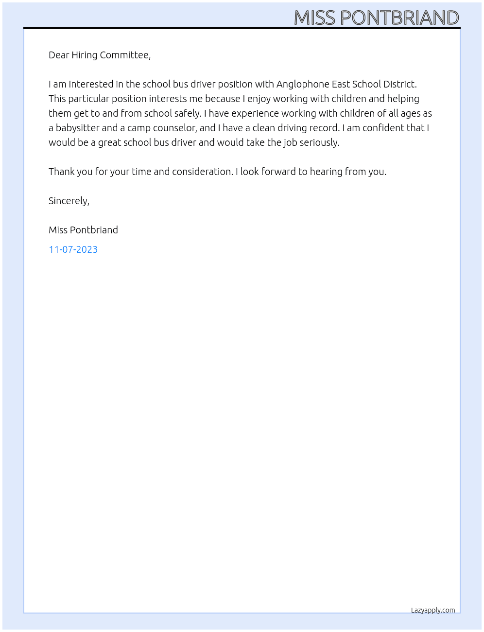 school bus driver At  Anglophone East School District Cover Letter