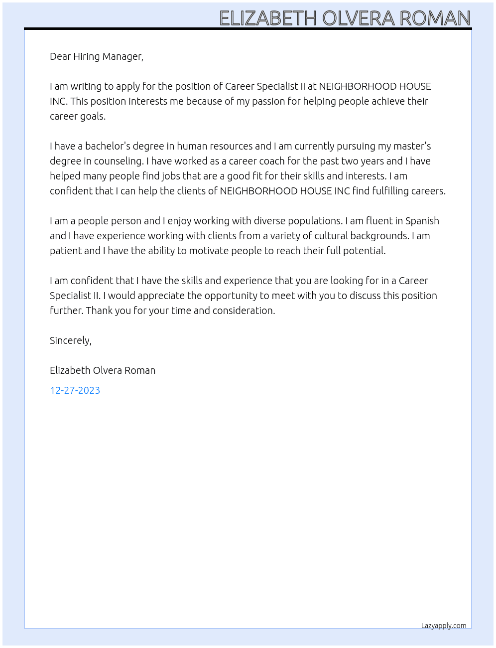Career Specialist II - At NEIGHBORHOOD HOUSE INC Cover Letter