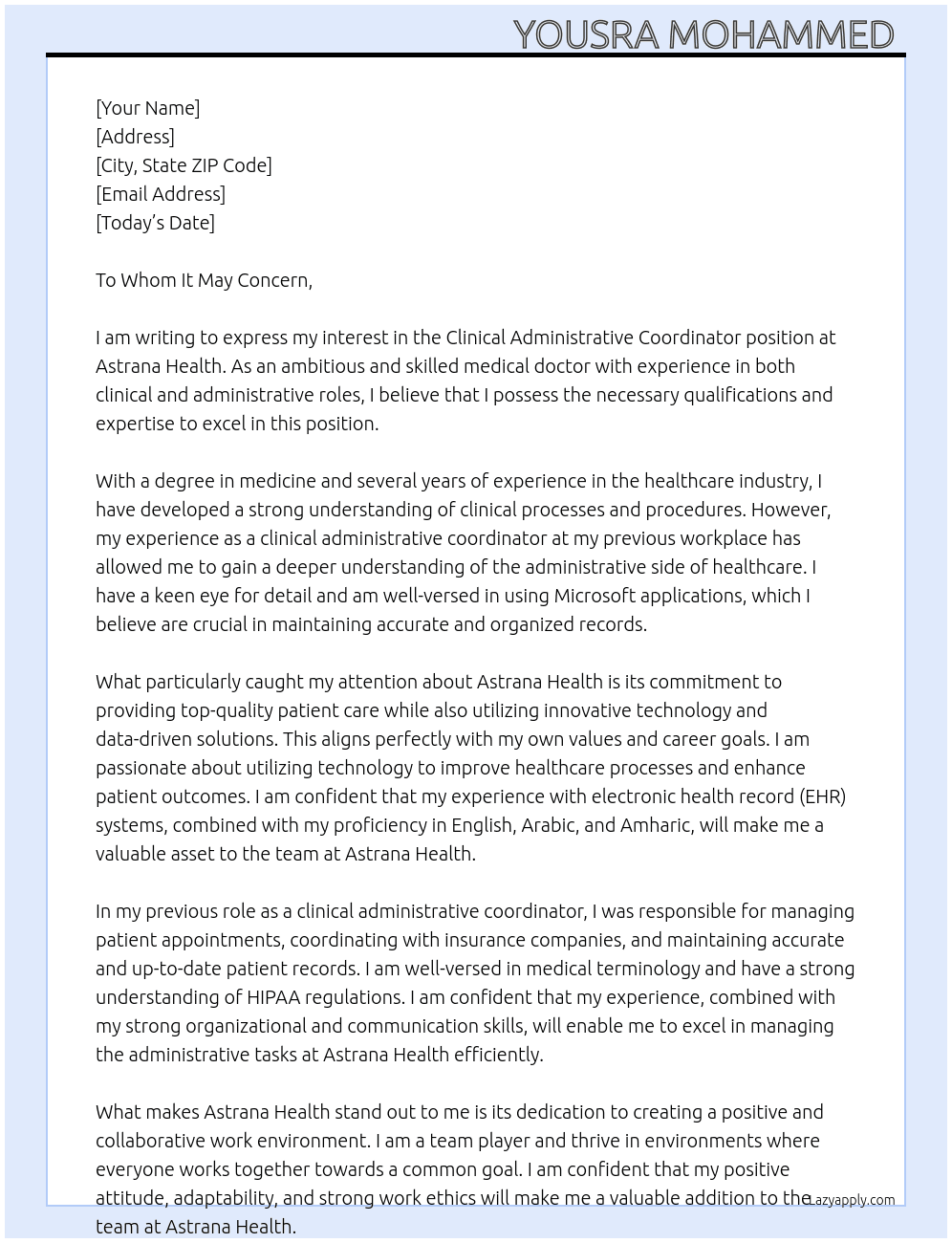 Clinical Administrative coordinator At Astrana Health Cover Letter