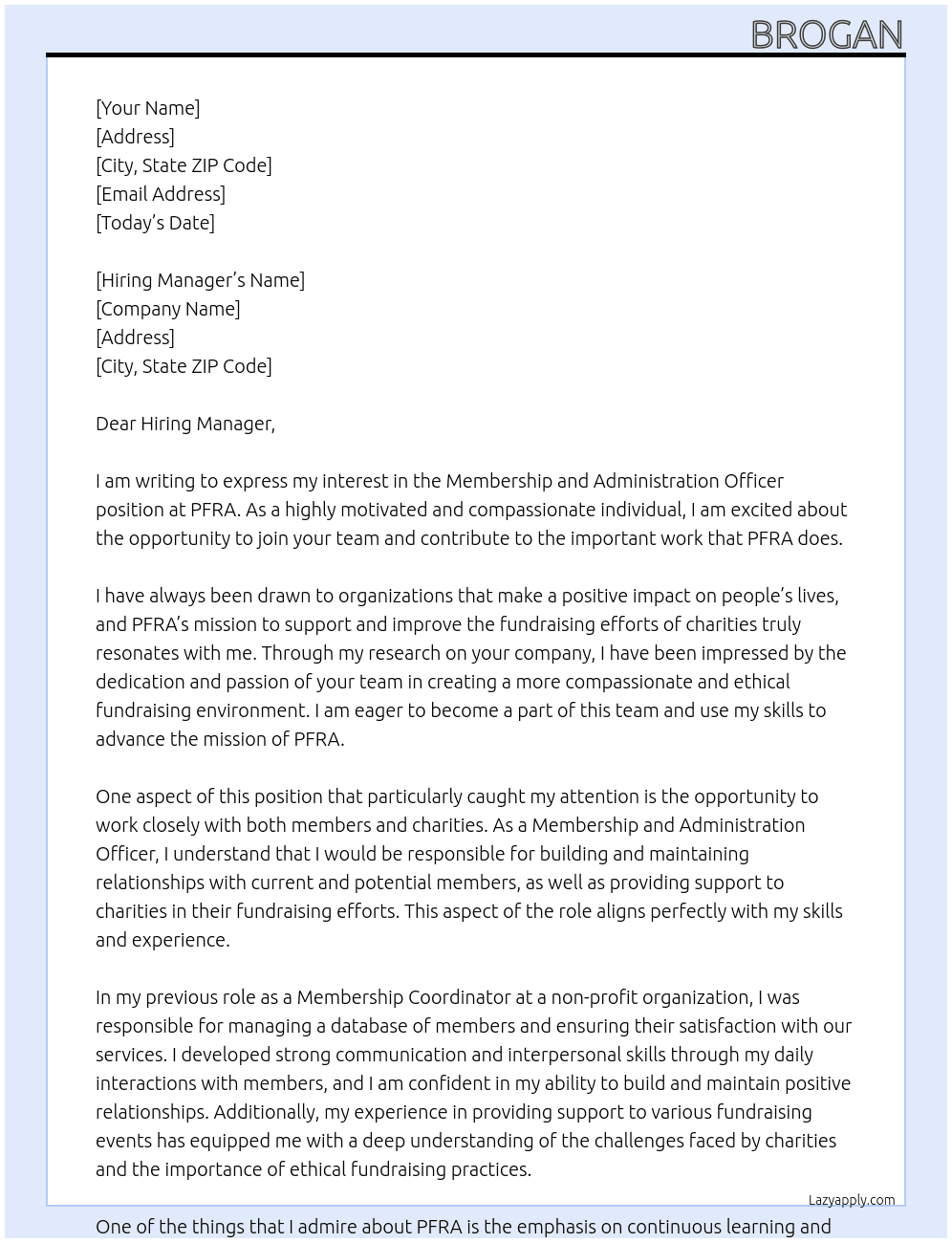 Membership and Administration Officer At PFRA Cover Letter