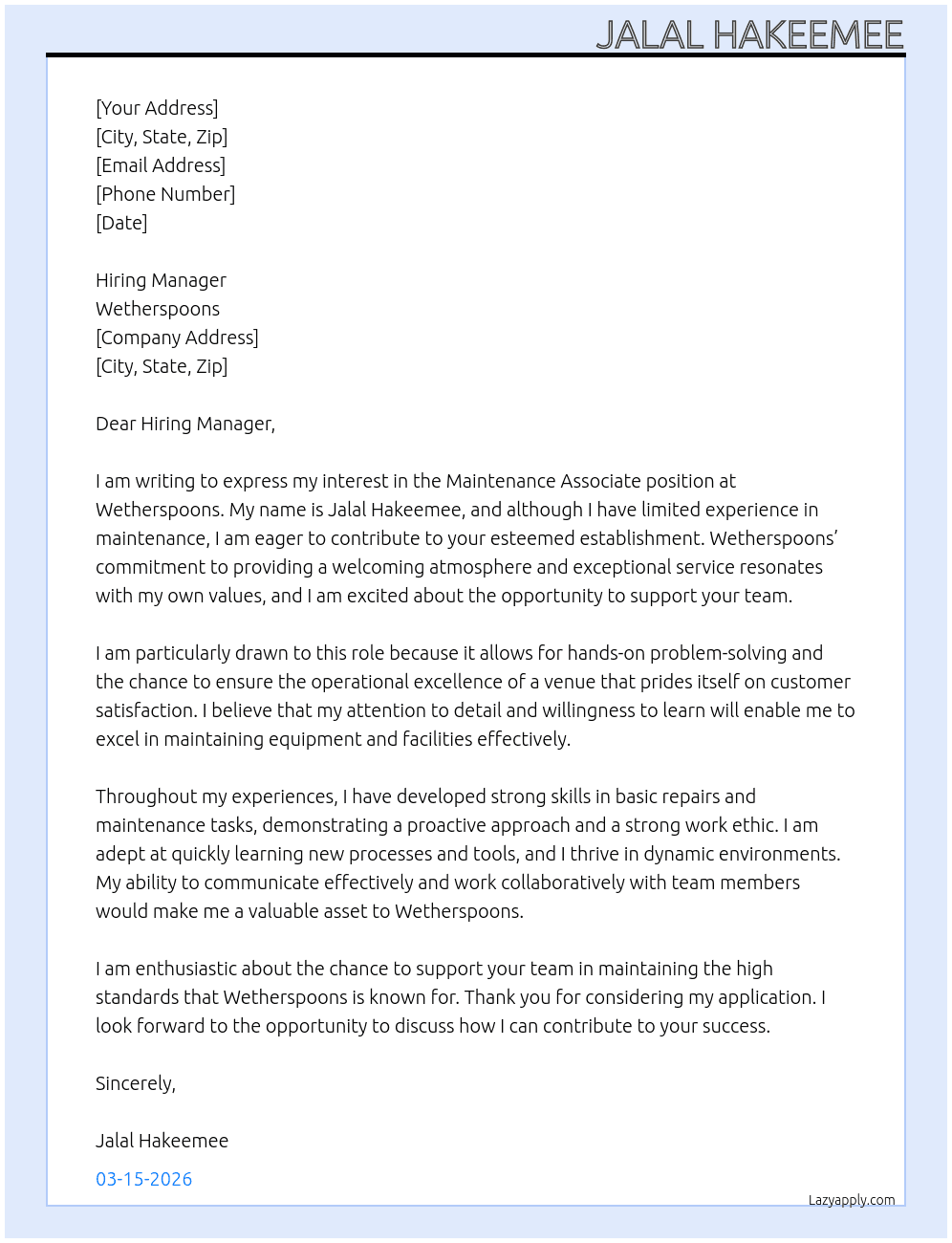 Cover letter for maintenance associate - LazyApply