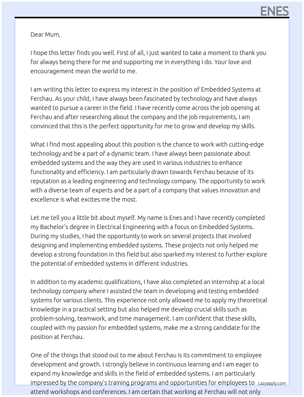 Embedded systems At ferchau Cover Letter