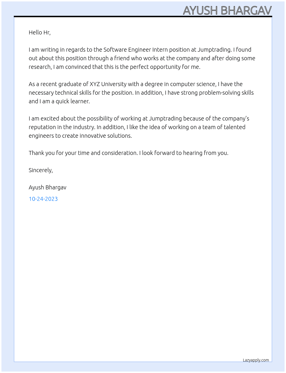Software Engineer Intern At jumptrading Cover Letter