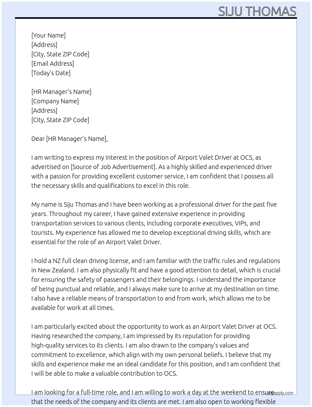 Airport Valet Driver At OCS Cover Letter