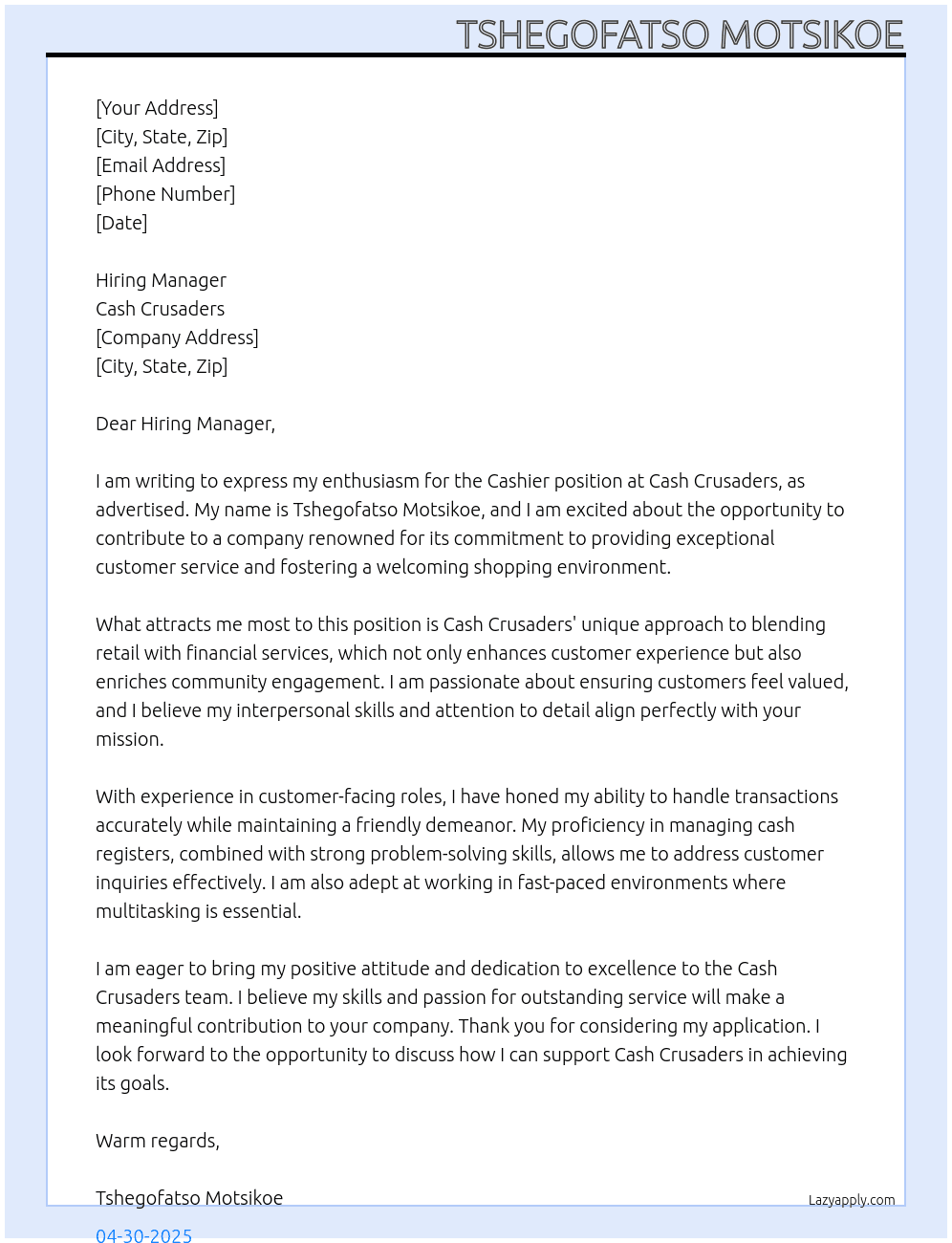 Cashier  At Cash Crusaders Cover Letter