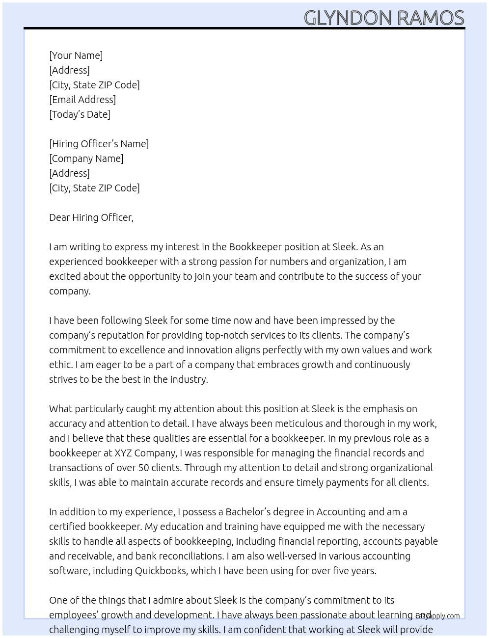 Bookkeeper At Sleek Cover Letter