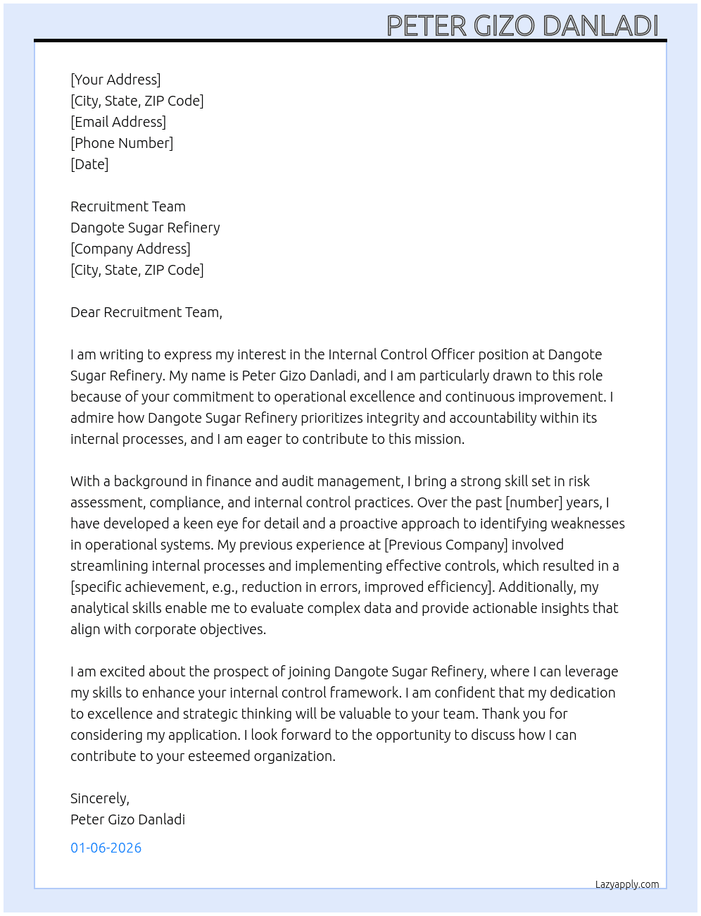 Internal control officer  At Dangote sugar refinery  Cover Letter