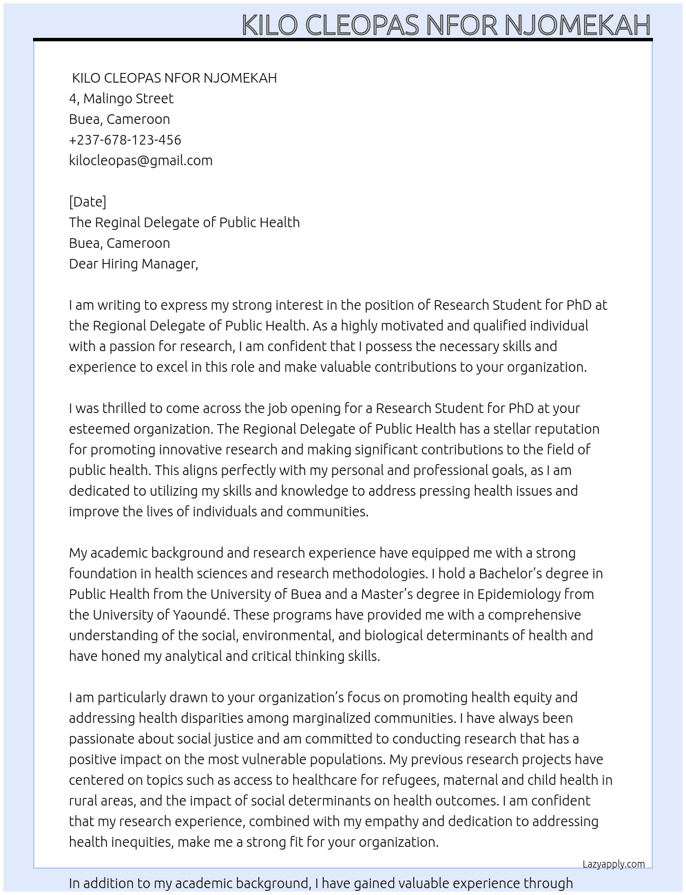 research student for PhD At The reginal delegate of public health Cover Letter