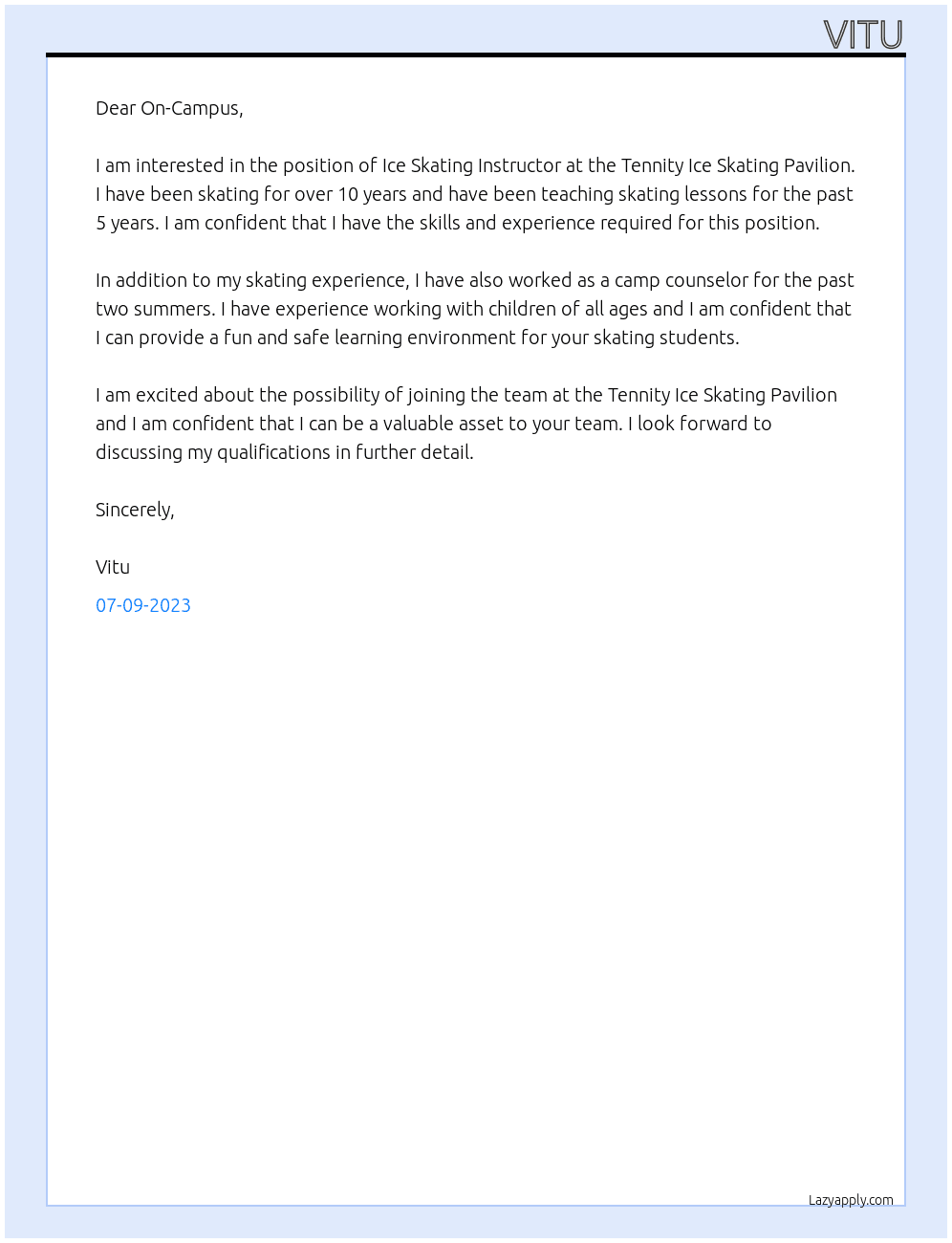Tennity Ice Skating Pavilion – Ice Skating Instructor At on campus Cover Letter