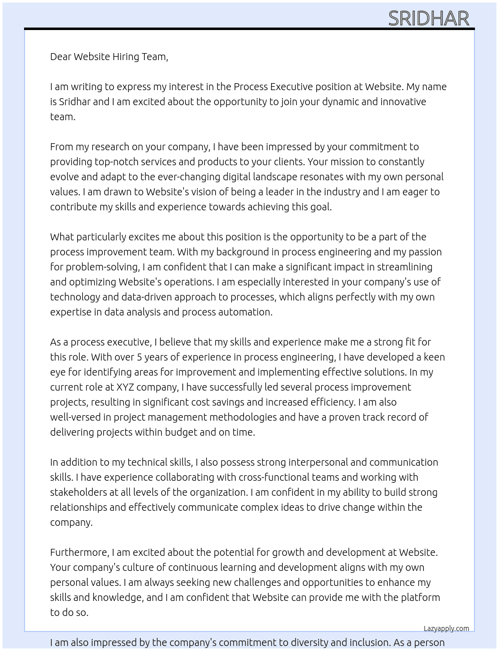 process exexcutive At website Cover Letter