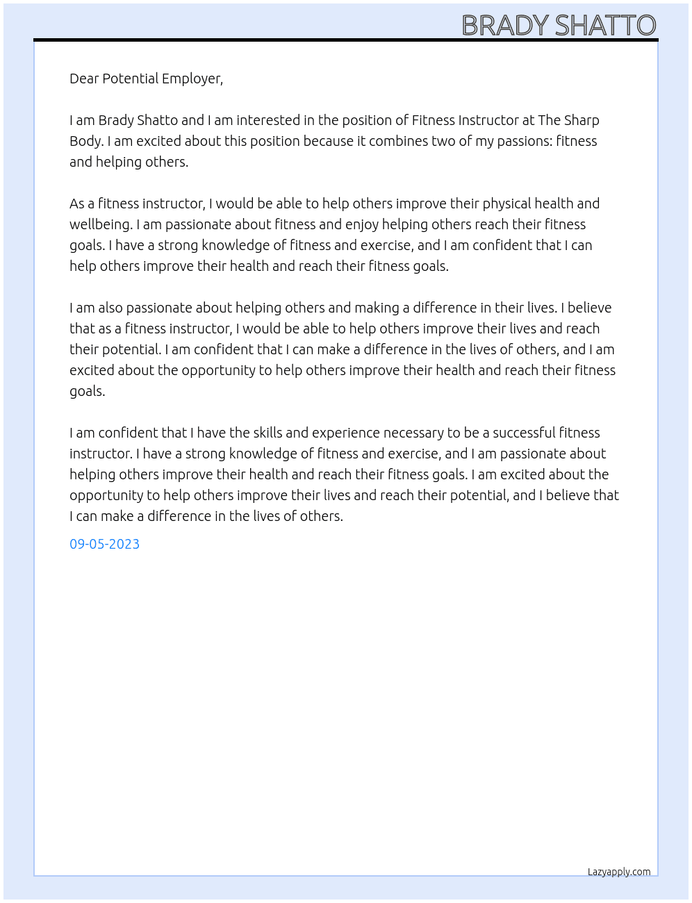 Fitness Instructor At The Sharp Body Cover Letter