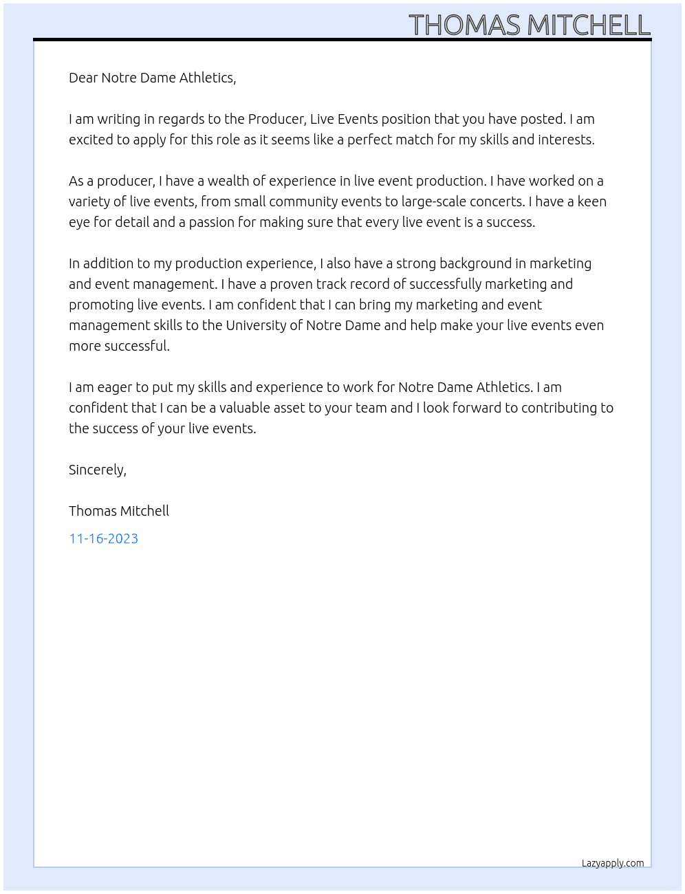 Producer, Live Events At University of Notre Dame Cover Letter