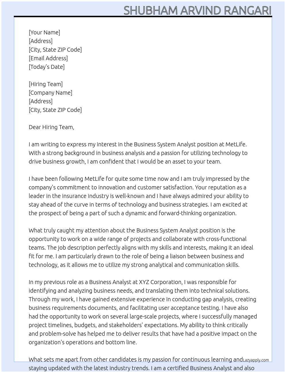 Business System Analyst At MetLife Cover Letter