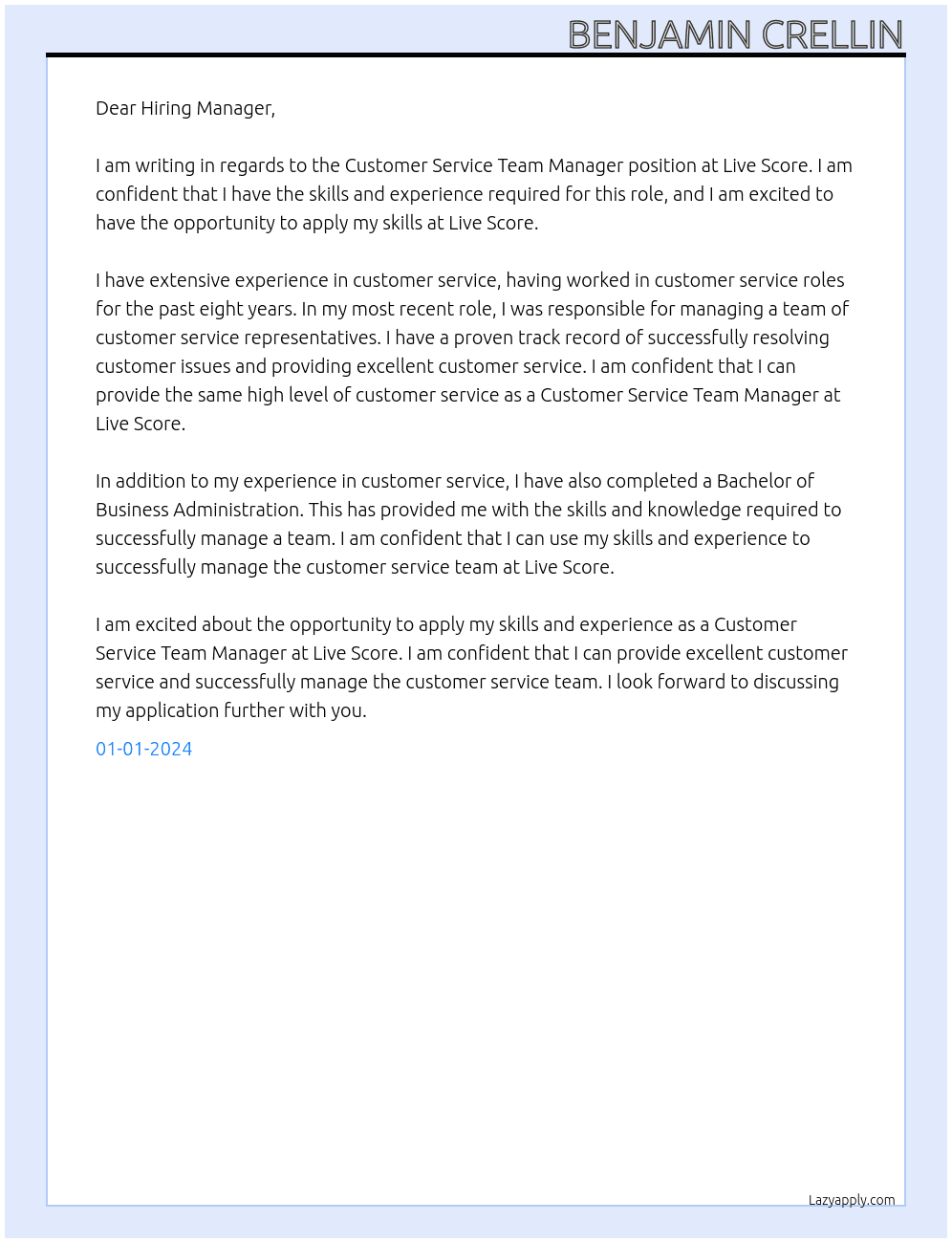 Customer Service Team Manager  At Live Score  Cover Letter