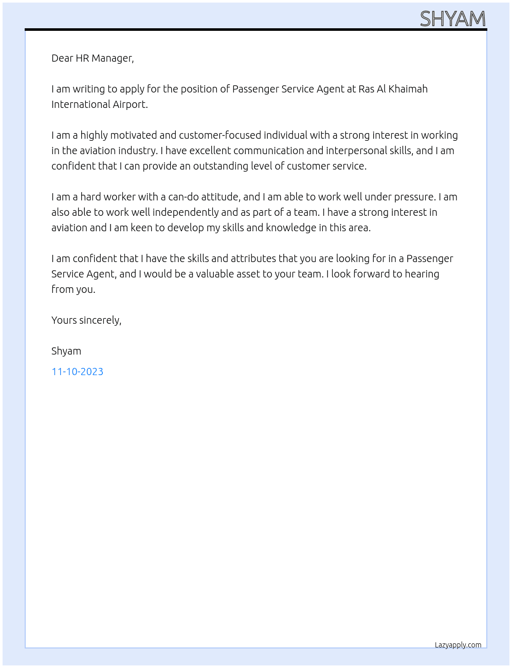  Passenger Service Agent At Ras Al Khaimah International Airport Cover Letter