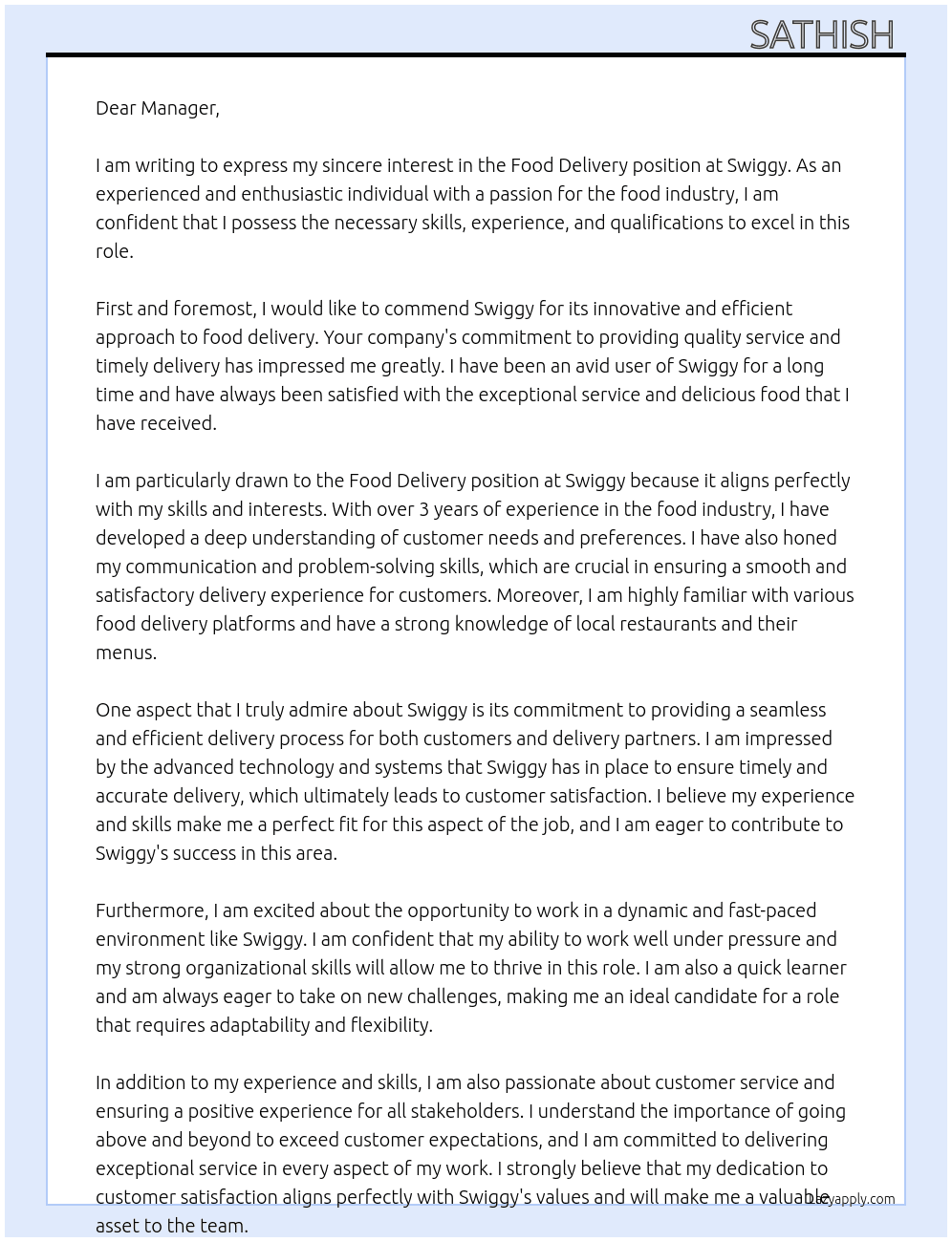 Cover letter for food delivery - LazyApply