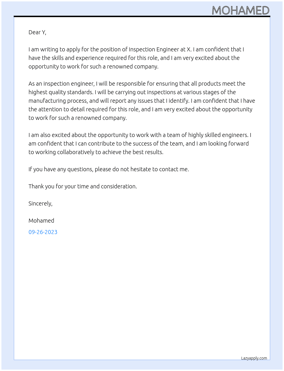 INSPECTION ENGINEER At X Cover Letter