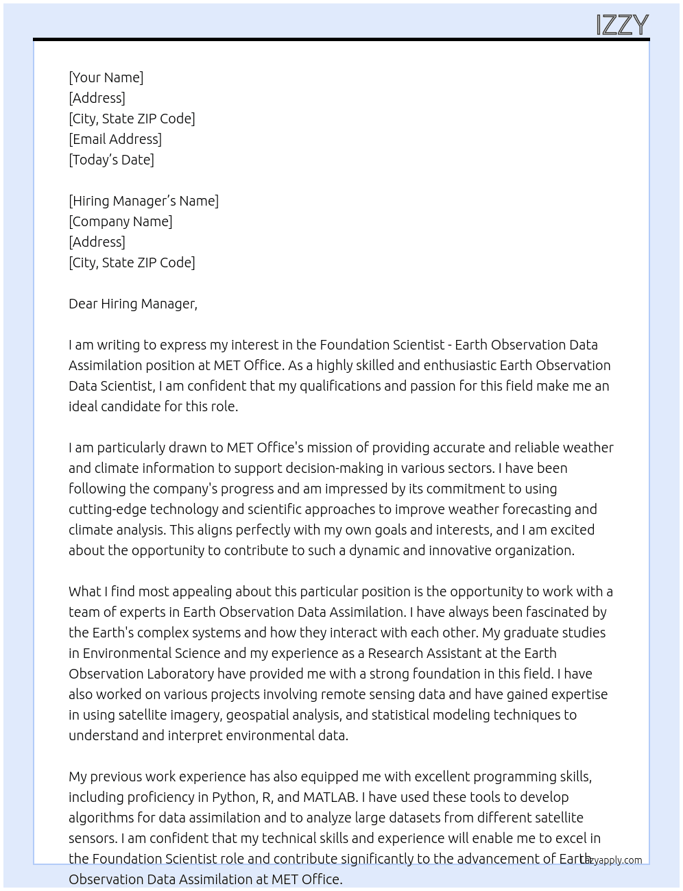 Foundation Scientist - Earth Observation Data Assimilation At MET Office Cover Letter
