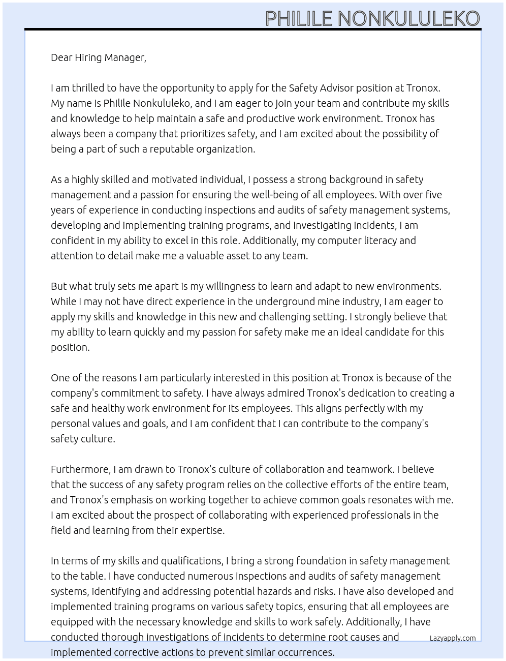 Safety Advisor At Tronox Cover Letter
