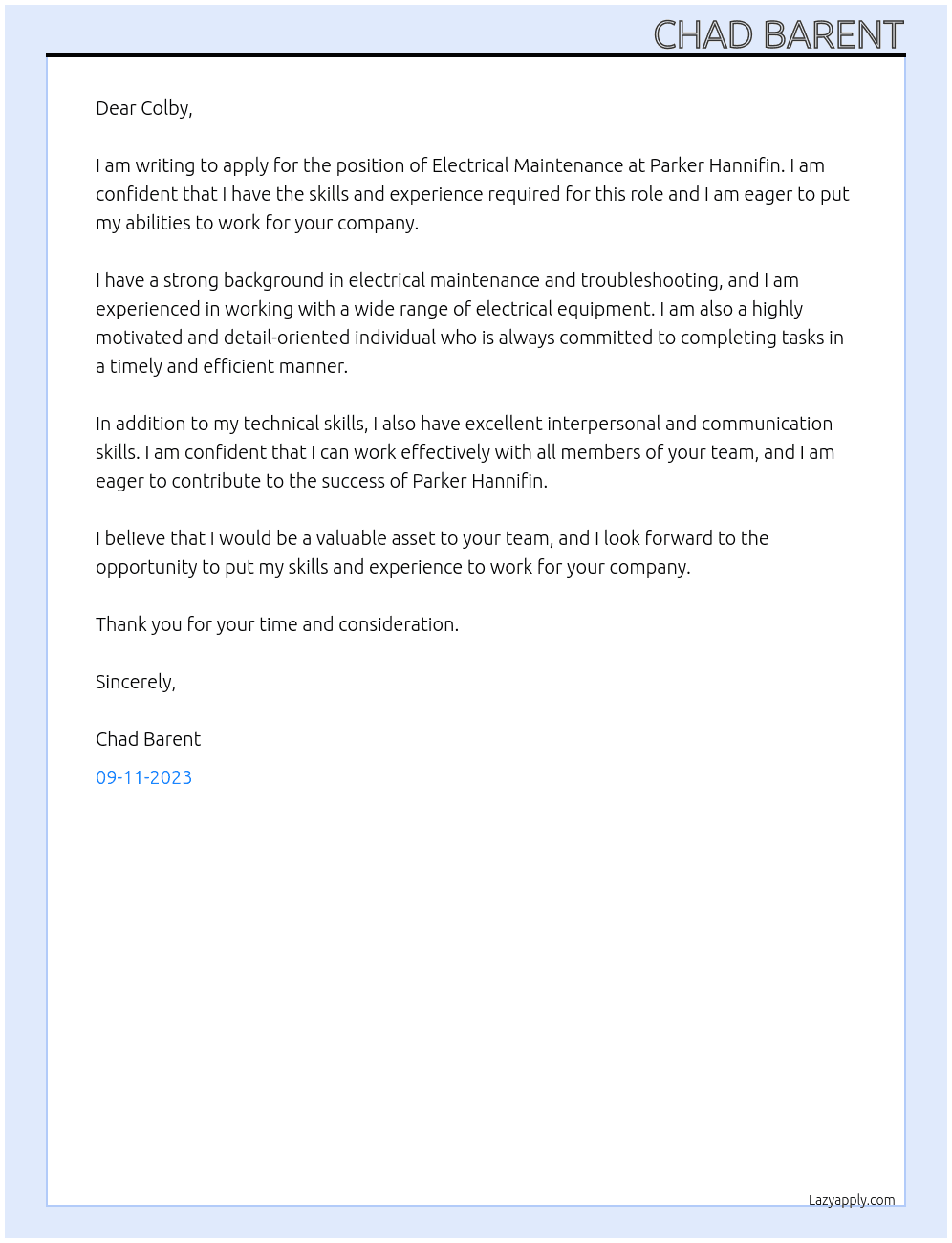 Electrical Maintenance At Parker Hannifin Cover Letter