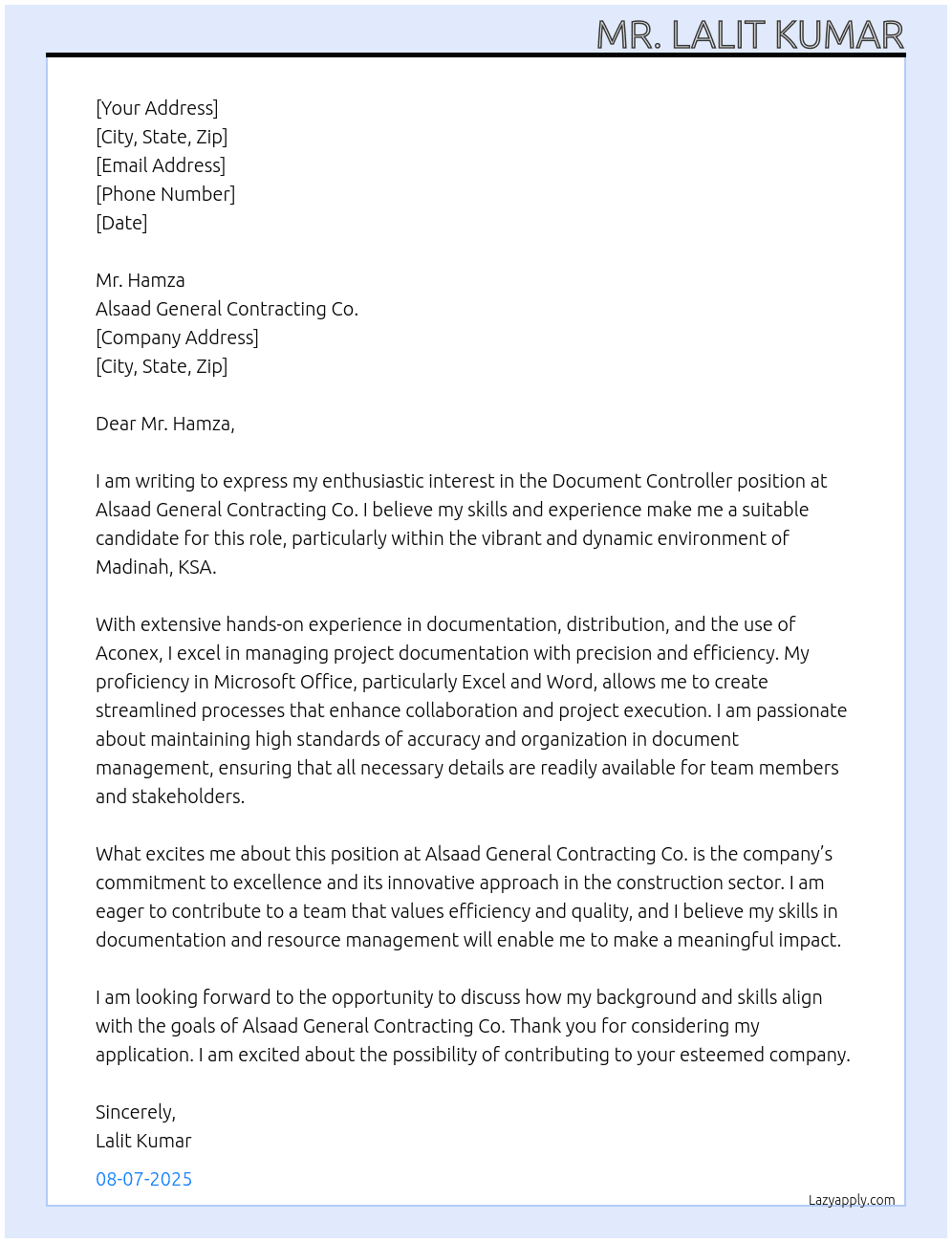 Document Controller At Alsaad general contracting co Cover Letter