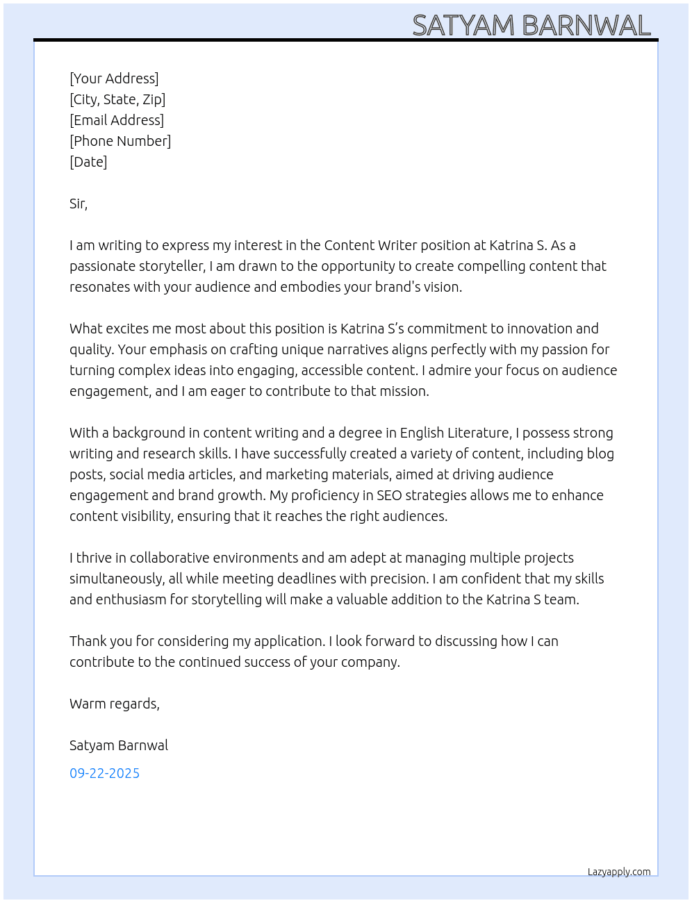 Content writing letter  At Katrina S Cover Letter