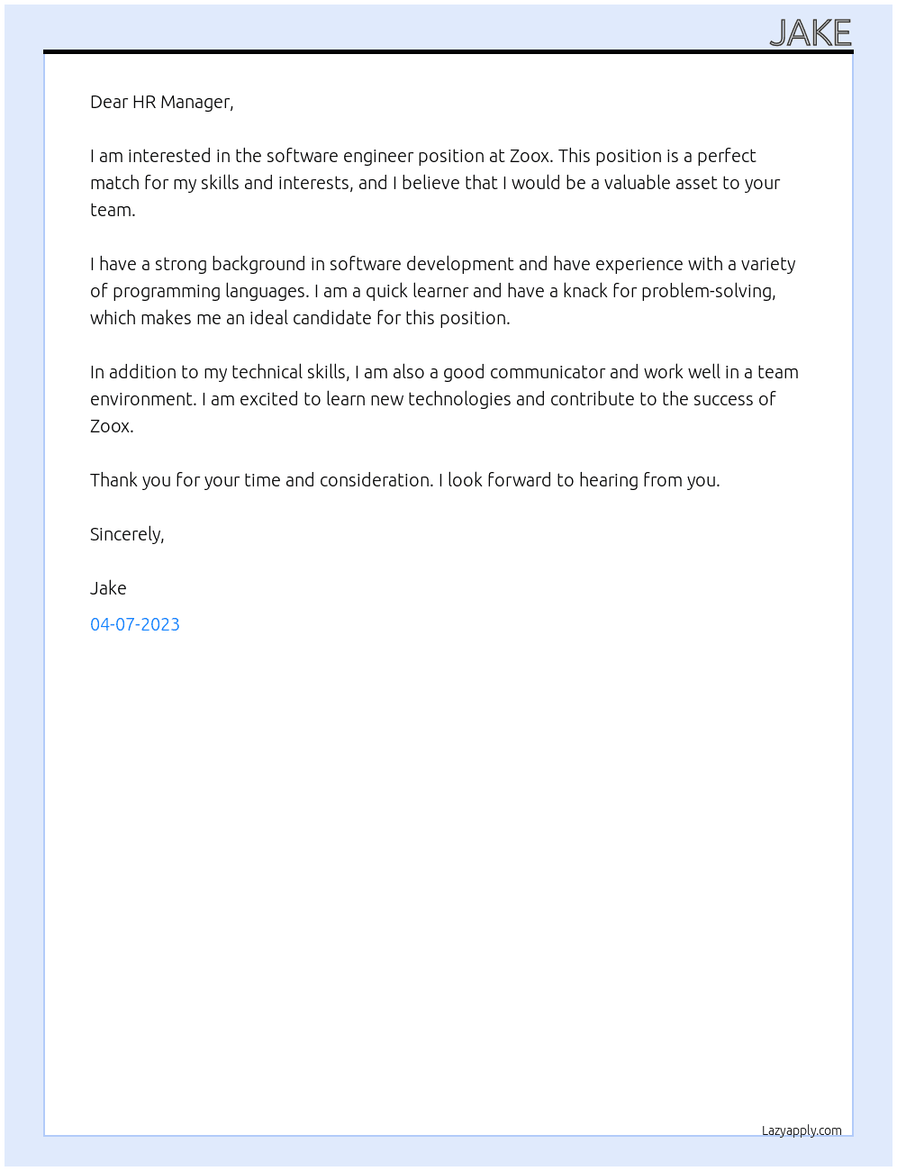 software engineer At zoox Cover Letter
